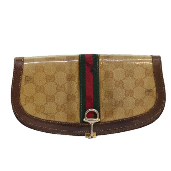 GUCCI GG Canvas Web Sherry Line Clutch Bag Beige Red Green Auth fm3664 - Picture 13 of 16